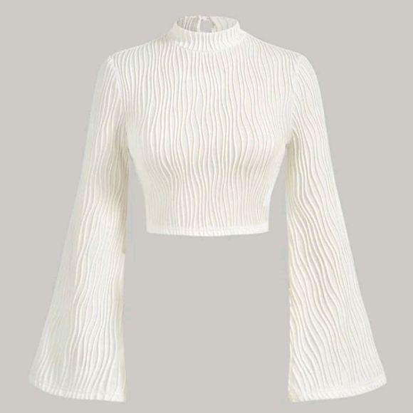 Ivory Mock Neck Key Hole Crop Top - Picture 2 of 5